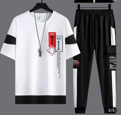 Men white micro interlock graphic 2pc tracksuit with black accents and striped trousers for summer casual and daily wear
