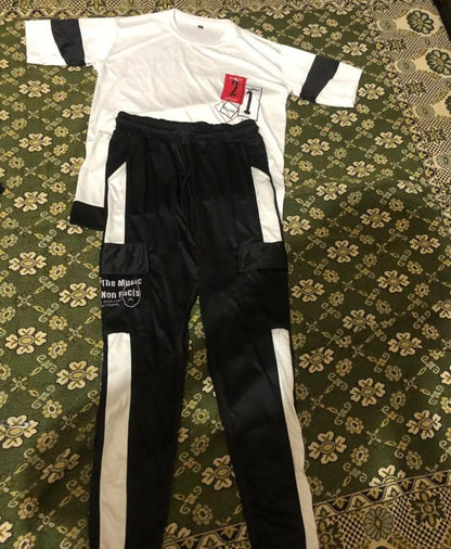 Men white micro interlock graphic 2pc tracksuit with black accents and striped trousers for summer casual and daily wear