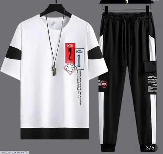 Men white micro interlock graphic 2pc tracksuit with black accents and striped trousers for summer casual and daily wear