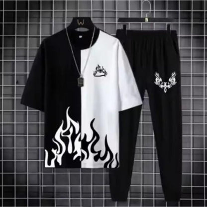 Men black polyester flame print 2pc tracksuit with round neck shirt and trousers for summer casual and semi formal wear