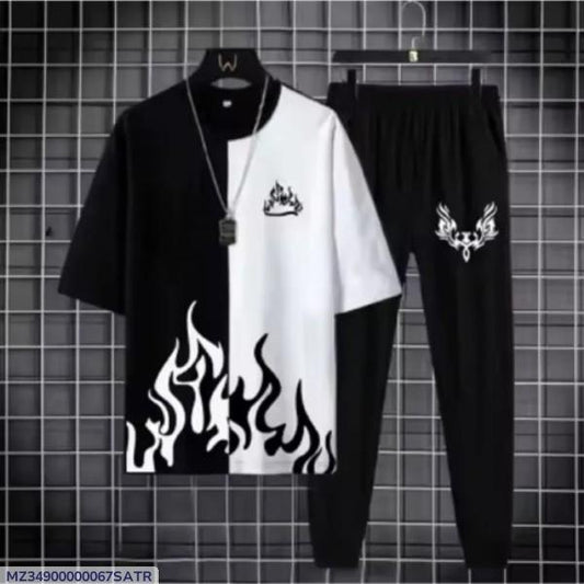 Men black polyester flame print 2pc tracksuit with round neck shirt and trousers for summer casual and semi formal wear
