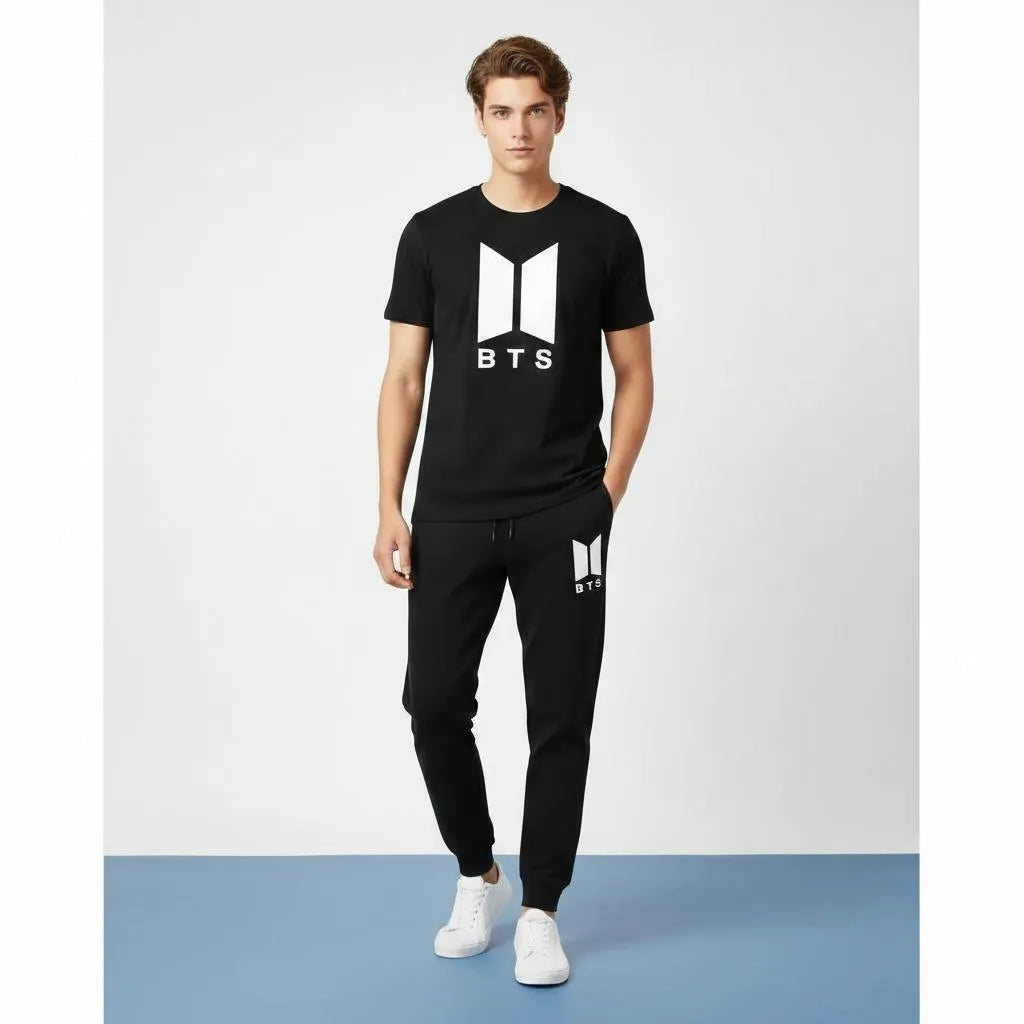 Men black polyester BTS print 2pc tracksuit with round neck shirt and joggers for casual wear and daily comfort in Pakistan