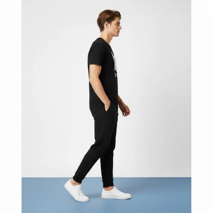 Men black polyester BTS print 2pc tracksuit with round neck shirt and joggers for casual wear and daily comfort in Pakistan