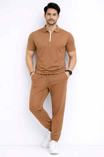 Men brown slim fit 2pc tracksuit with matching shirt and trousers for casual wear daily use and smart summer styling
