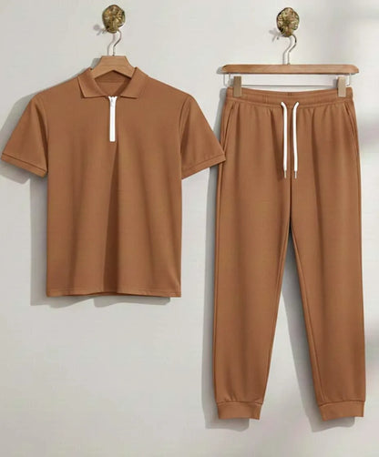Men brown slim fit 2pc tracksuit with matching shirt and trousers for casual wear daily use and smart summer styling