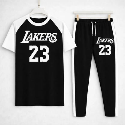 Men black cotton Lakers 23 print 2pc tracksuit with white sleeves and stripes for gym casual wear and summer use in Pakistan
