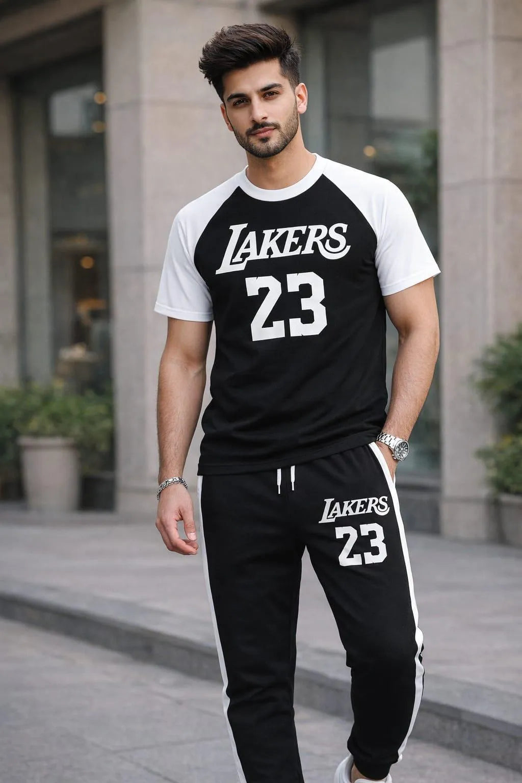 Men black cotton Lakers 23 print 2pc tracksuit with white sleeves and stripes for gym casual wear and summer use in Pakistan