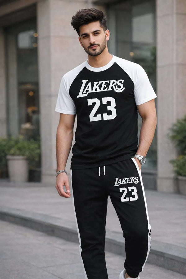 Men black cotton Lakers 23 print 2pc tracksuit with white sleeves and stripes for gym casual wear and summer use in Pakistan