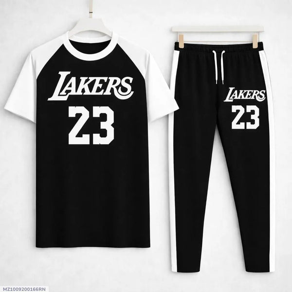 Men black cotton Lakers 23 print 2pc tracksuit with white sleeves and stripes for gym casual wear and summer use in Pakistan