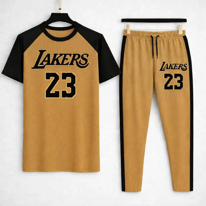 Men brown cotton Lakers 23 print 2pc tracksuit with black stripes for casual wear sports and summer daily use in Pakistan