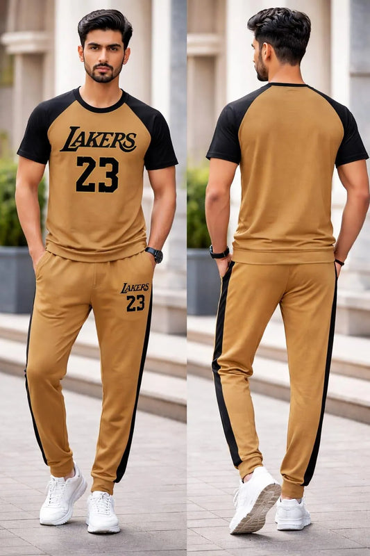 Men brown cotton Lakers 23 print 2pc tracksuit with black stripes for casual wear sports and summer daily use in Pakistan