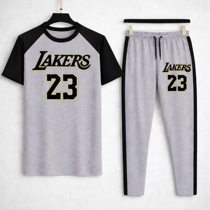Men grey cotton Lakers 23 print 2pc tracksuit with black sleeves and stripes for casual wear sports and summer use in Pakistan