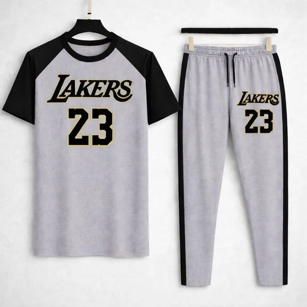 Men grey cotton Lakers 23 print 2pc tracksuit with black sleeves and stripes for casual wear sports and summer use in Pakistan