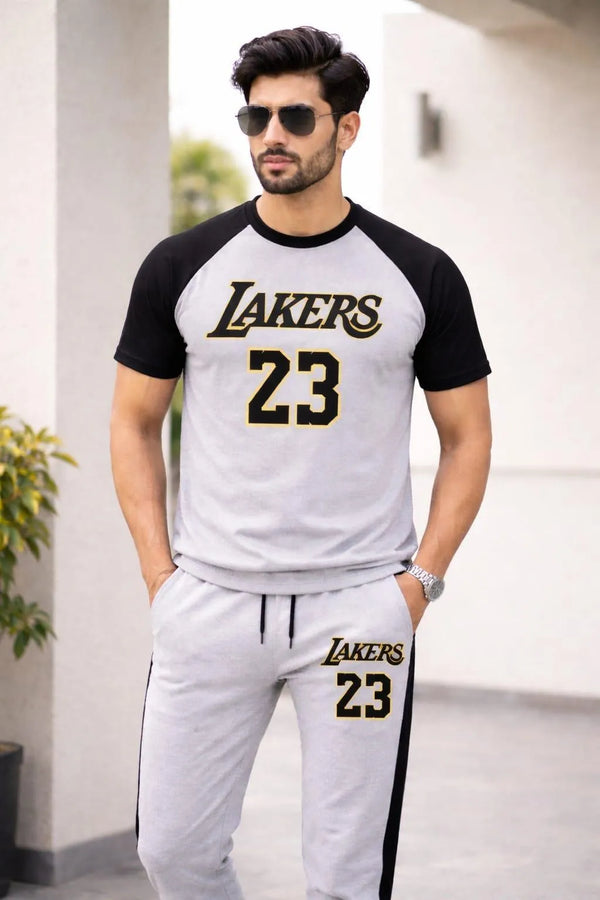 Men grey cotton Lakers 23 print 2pc tracksuit with black sleeves and stripes for casual wear sports and summer use in Pakistan