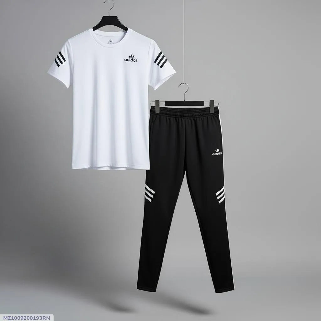 Men white micro multicolor printed 2pc tracksuit for gym sports casual wear and daily comfort in Pakistan