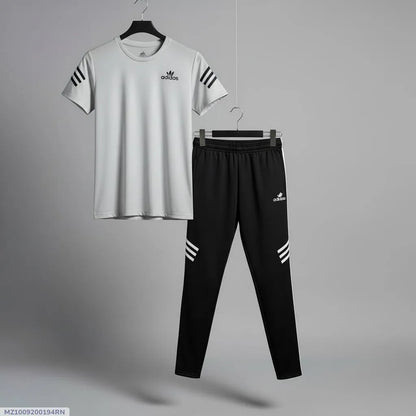 Men grey micro multicolor printed 2pc tracksuit for gym sports casual wear and daily comfort in Pakistan
