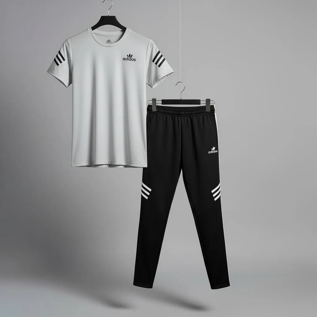 Men grey micro multicolor printed 2pc tracksuit for gym sports casual wear and daily comfort in Pakistan