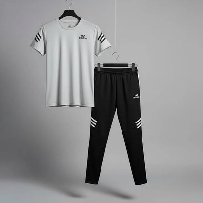 Men grey micro multicolor printed 2pc tracksuit for gym sports casual wear and daily comfort in Pakistan
