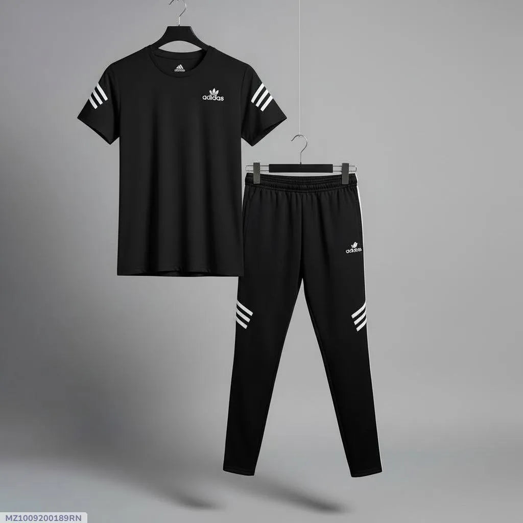 Men black micro multicolor printed 2pc tracksuit for gym sports casual wear and daily comfort in Pakistan