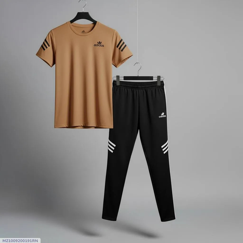 Men brown micro multicolor printed 2pc tracksuit for gym sports casual wear and daily comfort in Pakistan