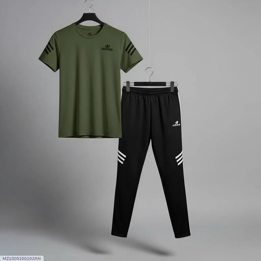 Men green micro multicolor printed 2pc tracksuit for gym sports casual wear and daily comfort in Pakistan