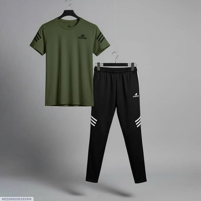 Men green micro multicolor printed 2pc tracksuit for gym sports casual wear and daily comfort in Pakistan