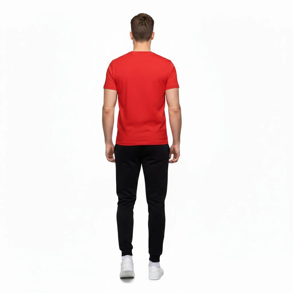 Men red polyester BTS print 2pc tracksuit with black joggers and white stripes for casual wear and summer daily use in Pakistan