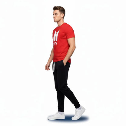Men red polyester BTS print 2pc tracksuit with black joggers and white stripes for casual wear and summer daily use in Pakistan