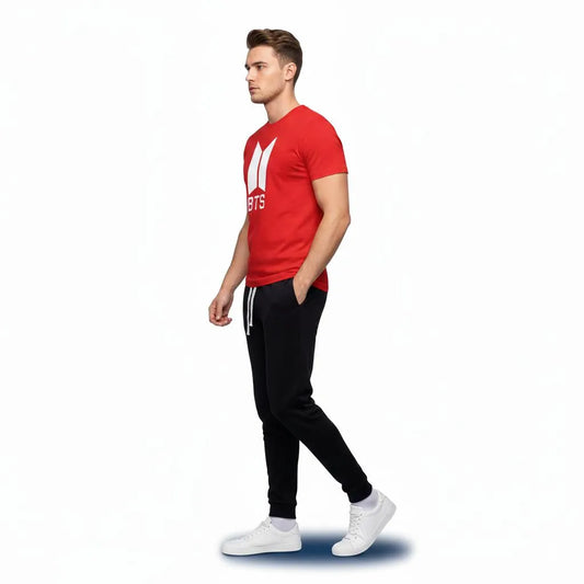 Men red polyester BTS print 2pc tracksuit with black joggers and white stripes for casual wear and summer daily use in Pakistan