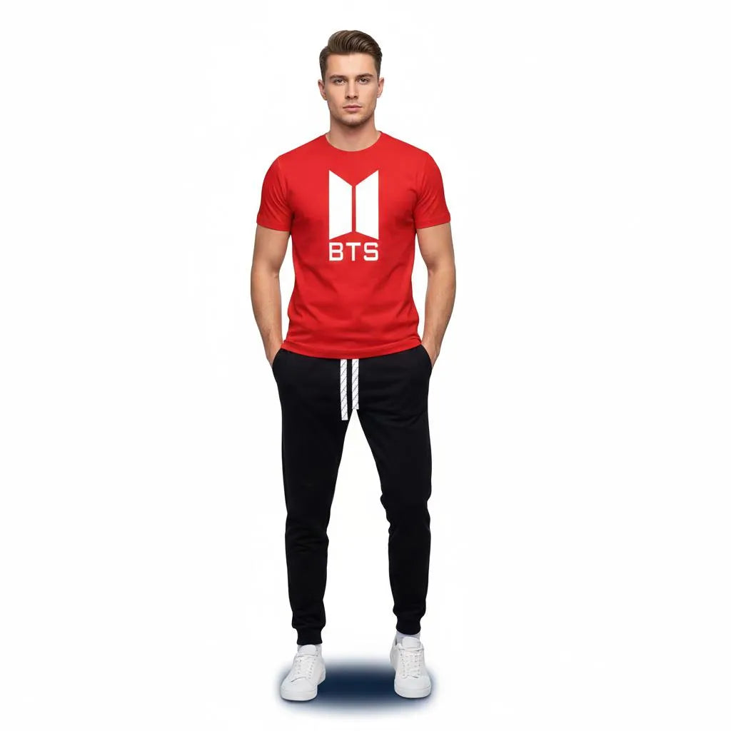 Men red polyester BTS print 2pc tracksuit with black joggers and white stripes for casual wear and summer daily use in Pakistan