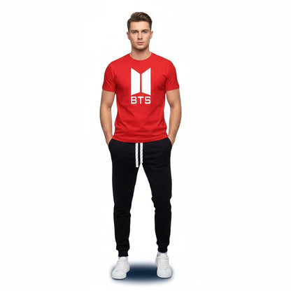 Men red polyester BTS print 2pc tracksuit with black joggers and white stripes for casual wear and summer daily use in Pakistan