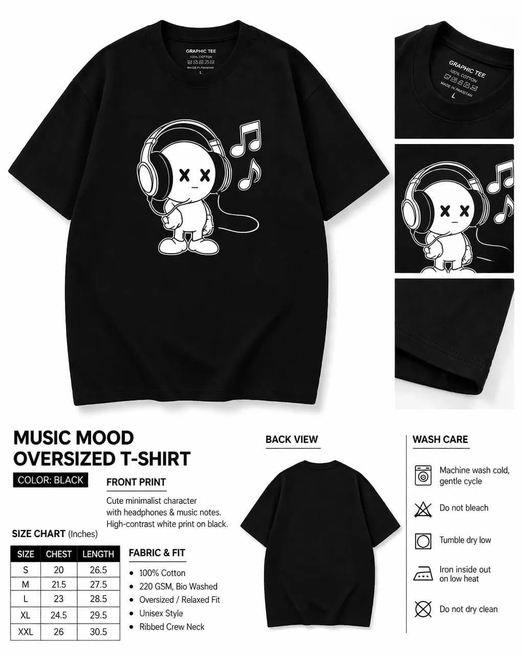 Men black cotton graphic print t shirt with cartoon character and headphones for casual wear street style and summer use