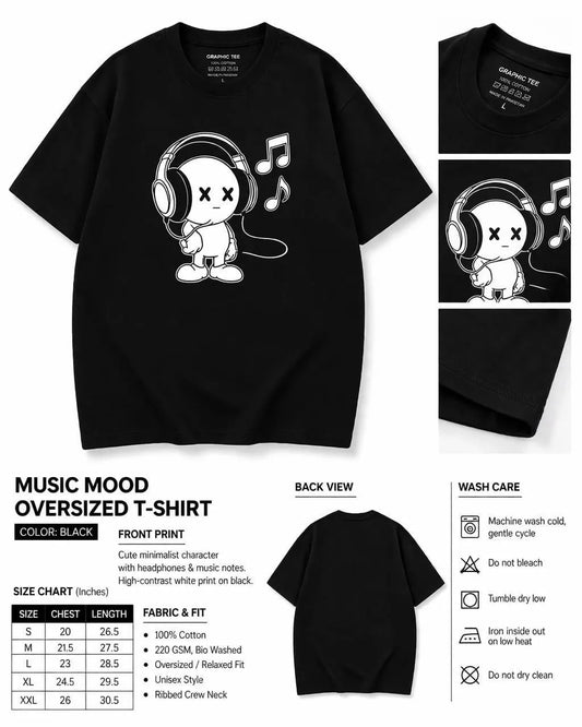 Men black cotton graphic print t shirt with cartoon character and headphones for casual wear street style and summer use