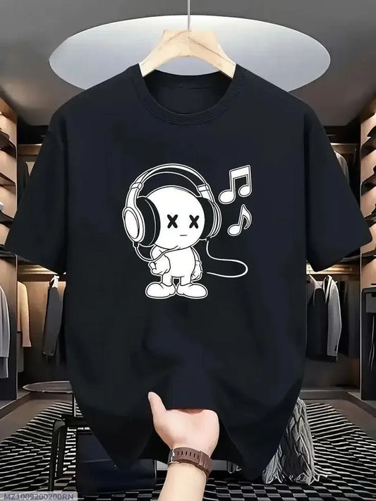 Men black cotton graphic print t shirt with cartoon character and headphones for casual wear street style and summer use