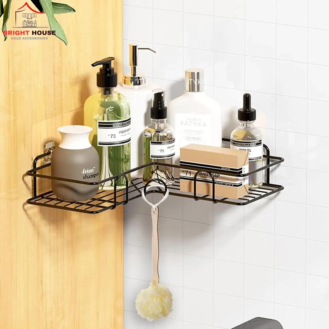 Metal corner shelf organizer bathroom storage rack black, space saving holder for toiletries soaps and accessories for home use