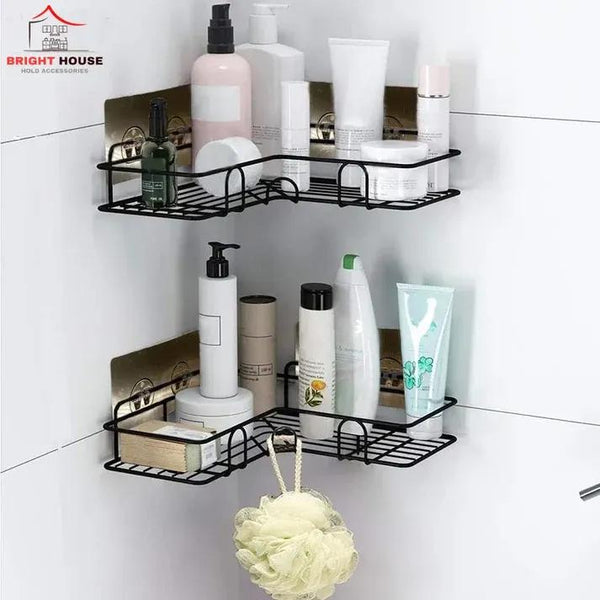Metal corner shelf organizer bathroom storage rack black, space saving holder for toiletries soaps and accessories for home use