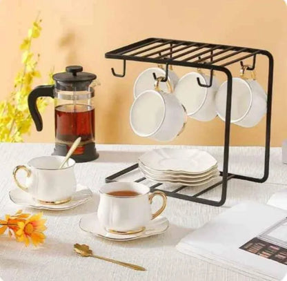 Black metal mug stand with hooks and shelf for kitchen counter, space saving organizer for mugs and cups, ideal for tea time and home use