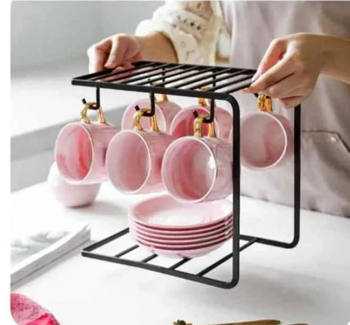 Black metal mug stand with hooks and shelf for kitchen counter, space saving organizer for mugs and cups, ideal for tea time and home use