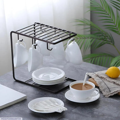 Black metal mug stand with hooks and shelf for kitchen counter, space saving organizer for mugs and cups, ideal for tea time and home use