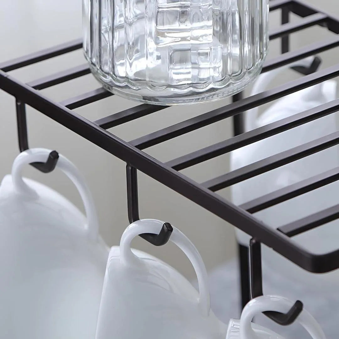 Black metal mug stand with hooks and shelf for kitchen counter, space saving organizer for mugs and cups, ideal for tea time and home use