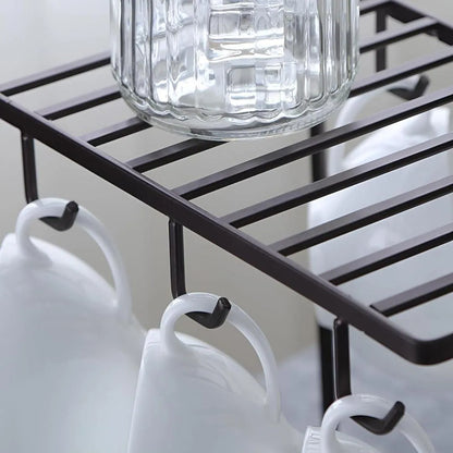 Black metal mug stand with hooks and shelf for kitchen counter, space saving organizer for mugs and cups, ideal for tea time and home use
