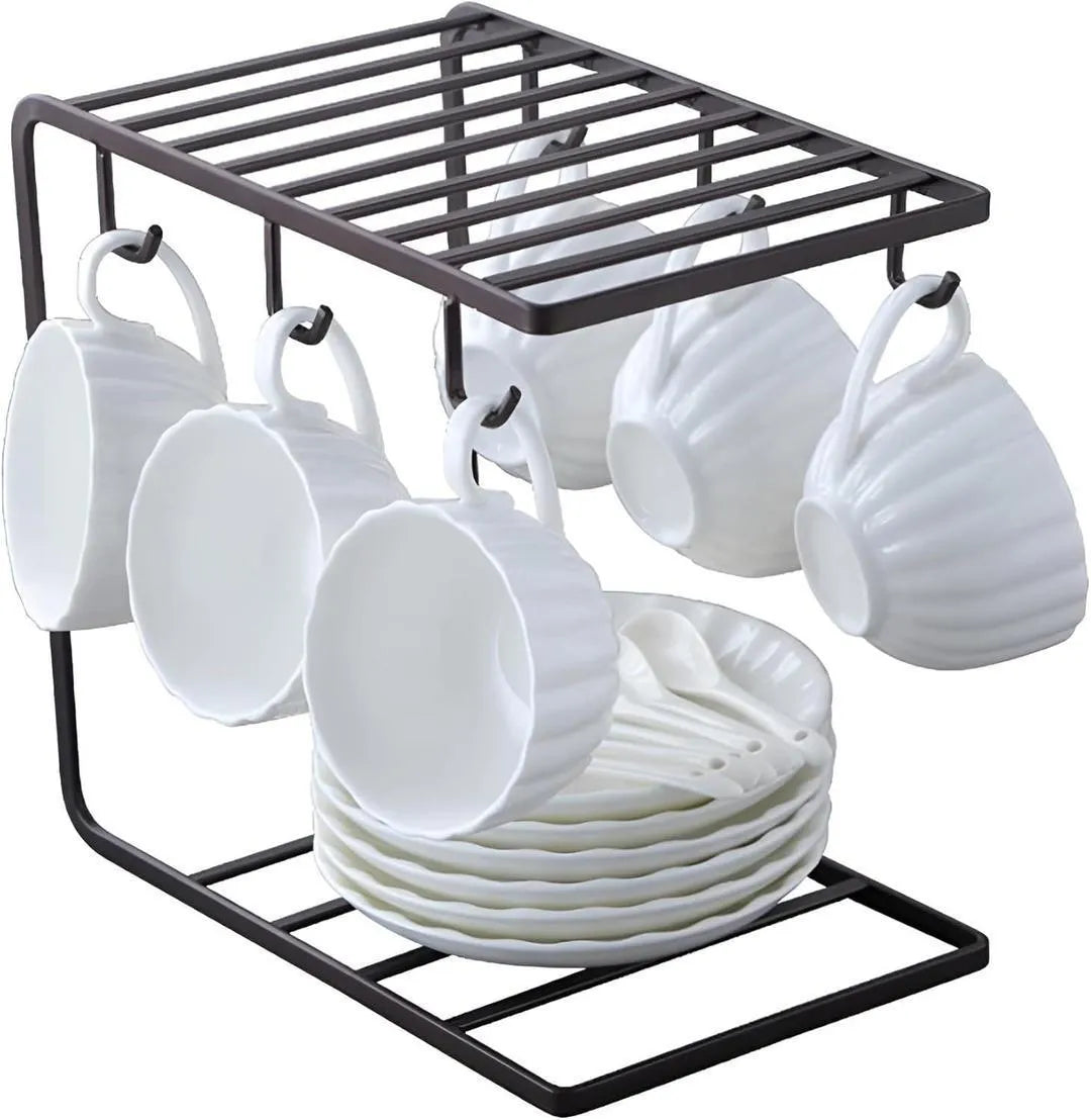 Black metal mug stand with hooks and shelf for kitchen counter, space saving organizer for mugs and cups, ideal for tea time and home use