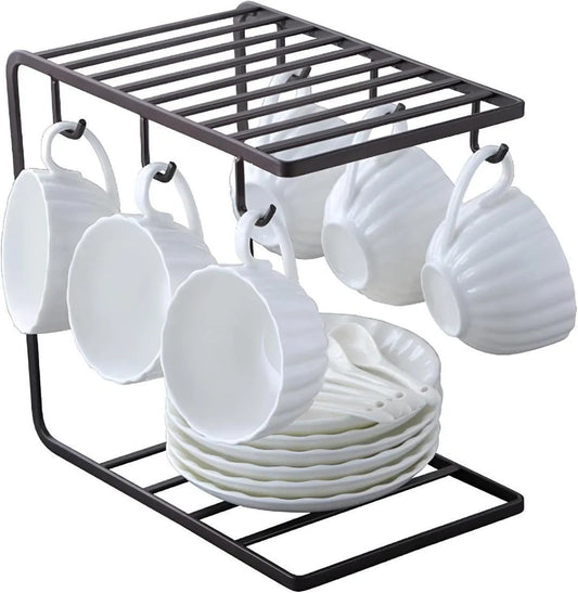 Black metal mug stand with hooks and shelf for kitchen counter, space saving organizer for mugs and cups, ideal for tea time and home use