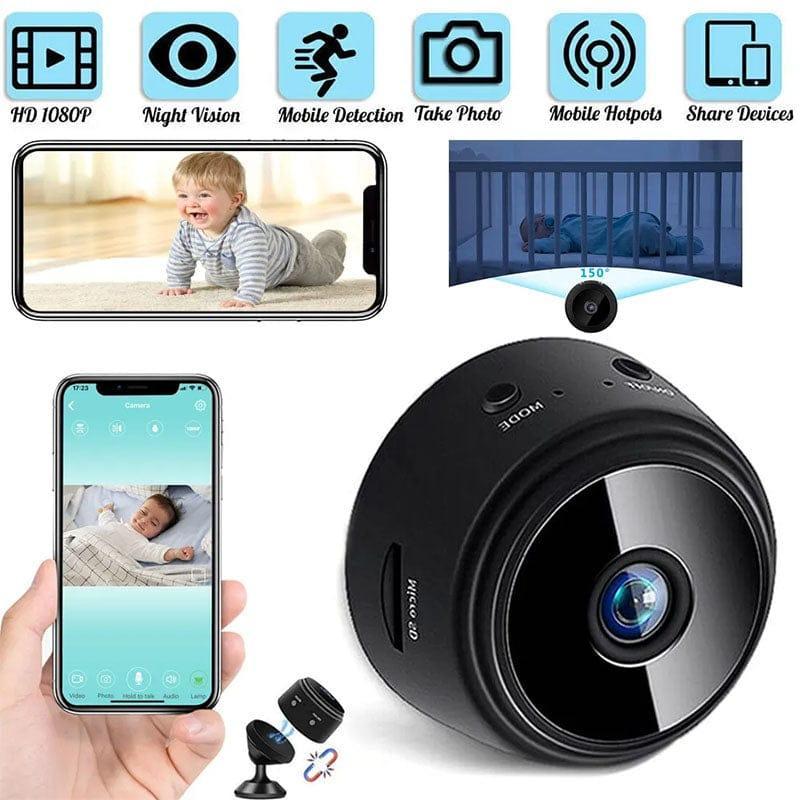 Mini WiFi camera 1080P wireless security camera black, indoor surveillance camera with wide angle and mobile app control