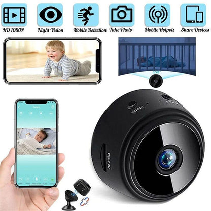 Mini WiFi camera 1080P wireless security camera black, indoor surveillance camera with wide angle and mobile app control