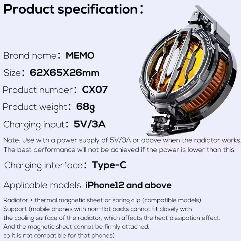 Mobile phone cooling radiator black gaming cooler with cable and magnetic sheet, portable heat dissipation fan for smartphones gaming use