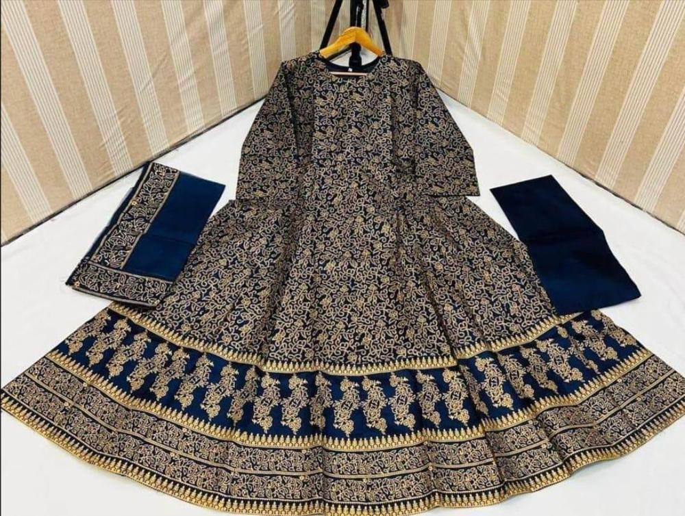 Navy blue katan silk 3 piece suit for women maxi dress with trouser and dupatta elegant festive wear outfit