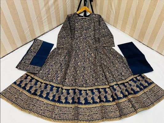 Navy blue katan silk 3 piece suit for women maxi dress with trouser and dupatta elegant festive wear outfit
