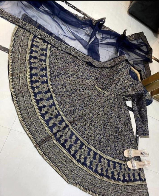 Navy blue katan silk 3 piece suit for women maxi dress with trouser and dupatta elegant festive wear outfit