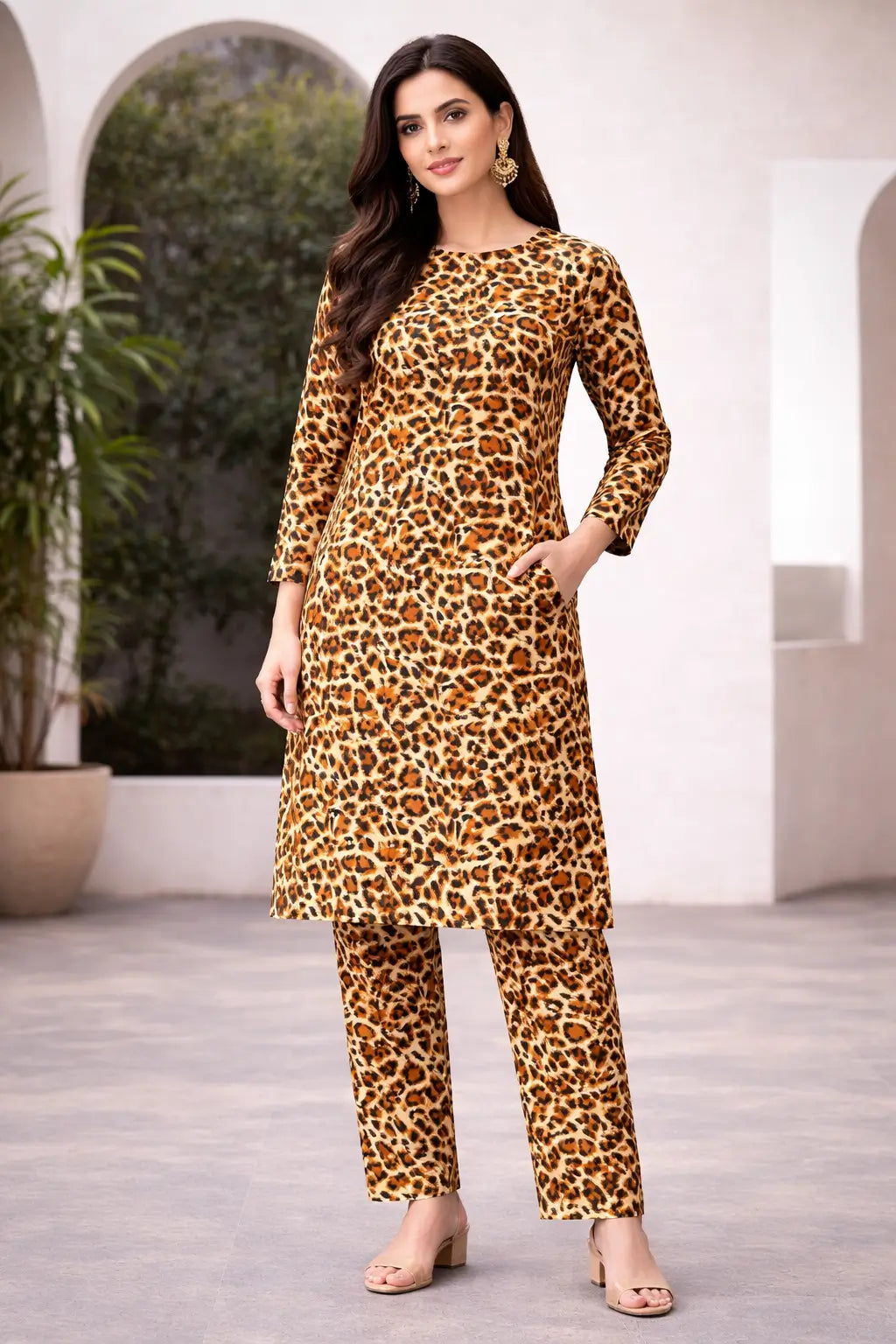 Orange printed polo cotton 2 piece suit for women casual wear soft breathable fabric matching shirt and trouser set